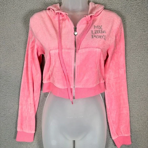 Dolls Kill My Little Pony Velour Cropped Track Jacket Women's M Pink Rhinestone - Picture 1 of 14